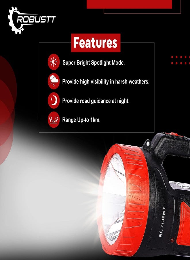 روبوست مصباح بحث LED مزدوج قوي، يُستخدم أيضًا كمصباح طوارئ، بمدى يصل إلى 1 كم | 75 واط | مصنوع من بلاستيك ABS | مصباح يدوي LED عالي السطوع، قابل لإعادة الشحن، مقاوم للماء والصدمات، بمدى طويل، مزود بقابس شحن (ألوان متنوعة) -1 - Image 4